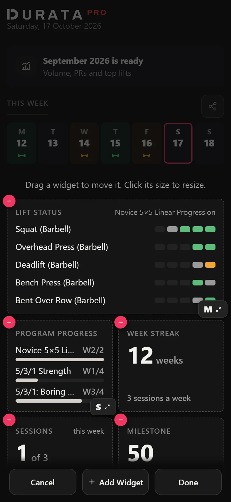 Customize Home: live widgets each with a remove badge and a size handle, with Cancel, Add Widget and Done at the bottom