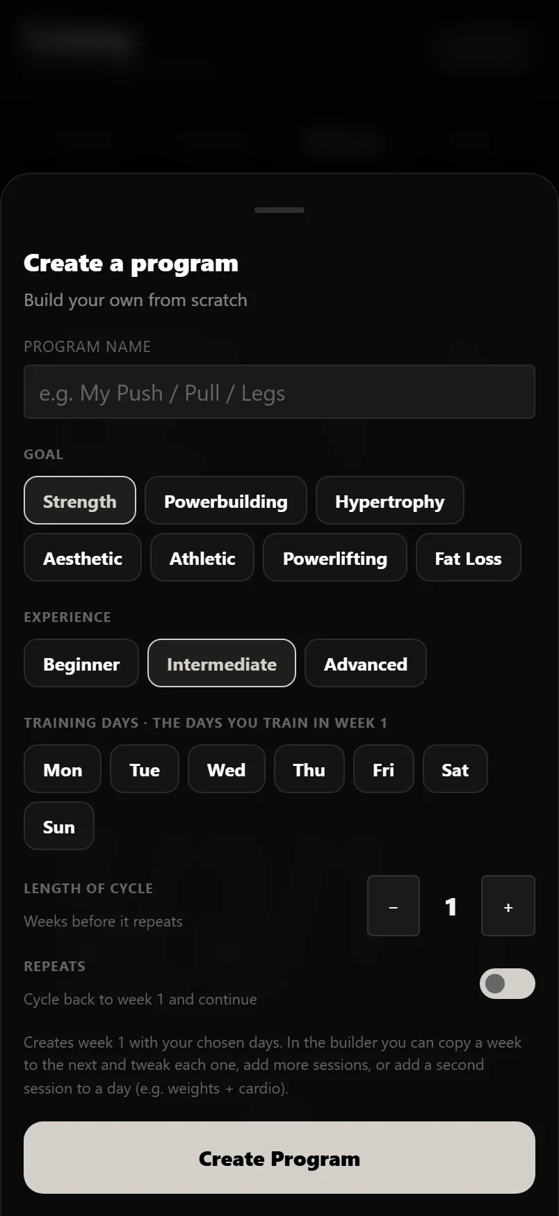 The Create a program sheet in Durata, with a name field and chips for goal, experience and training days