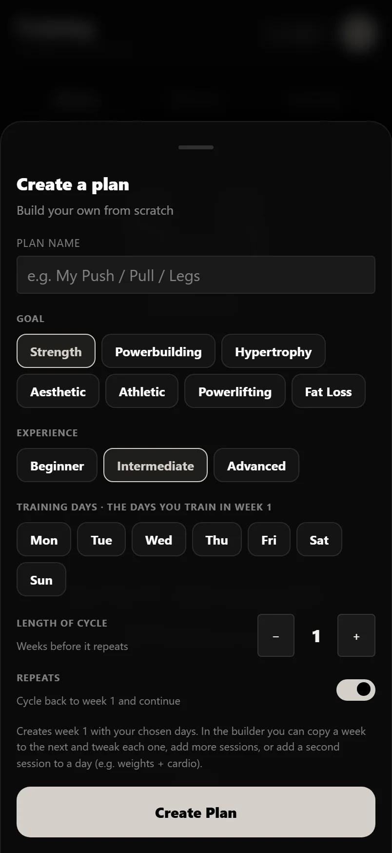 The Create a plan sheet in Durata, with a name field and chips for goal, experience and training days