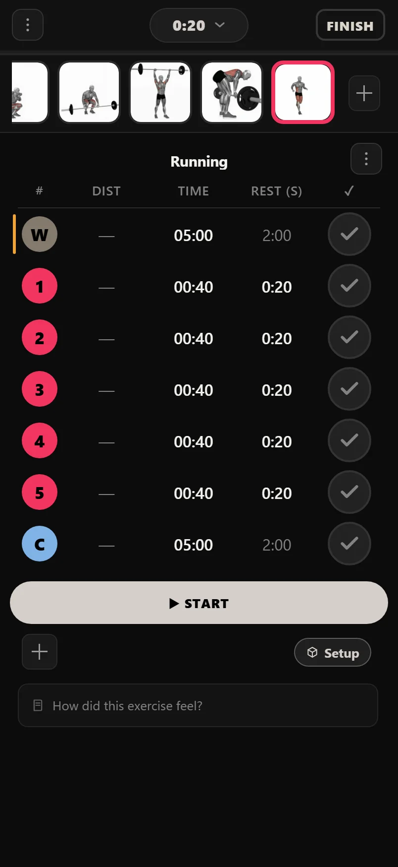 A cardio exercise in the logger: a steady warmup set, five HIIT rounds and a steady cool-down