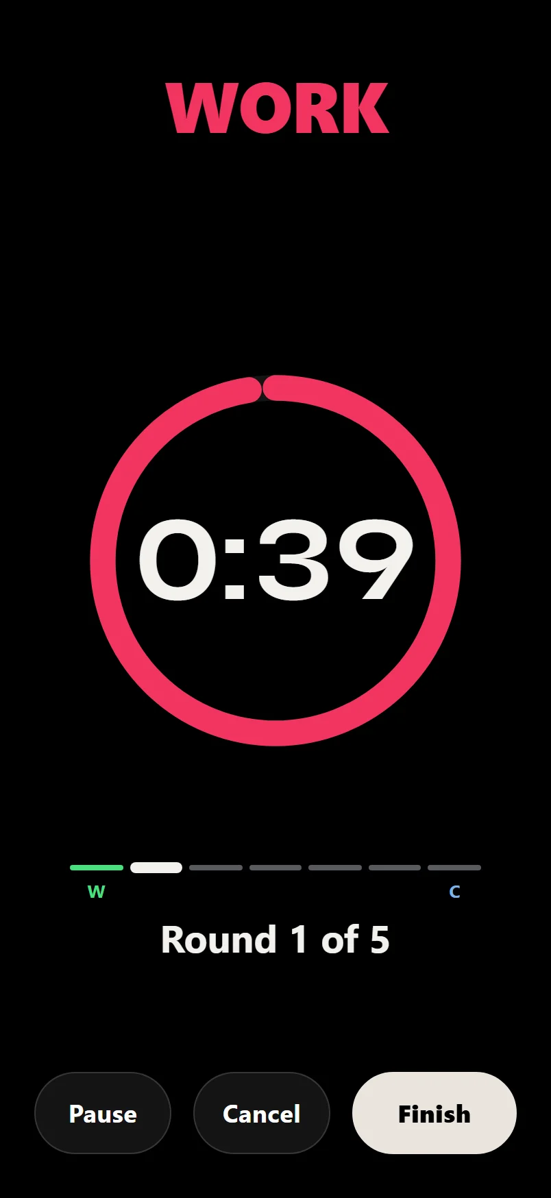 A HIIT interval counting down in the Durata logger, with the red work ring and the round number