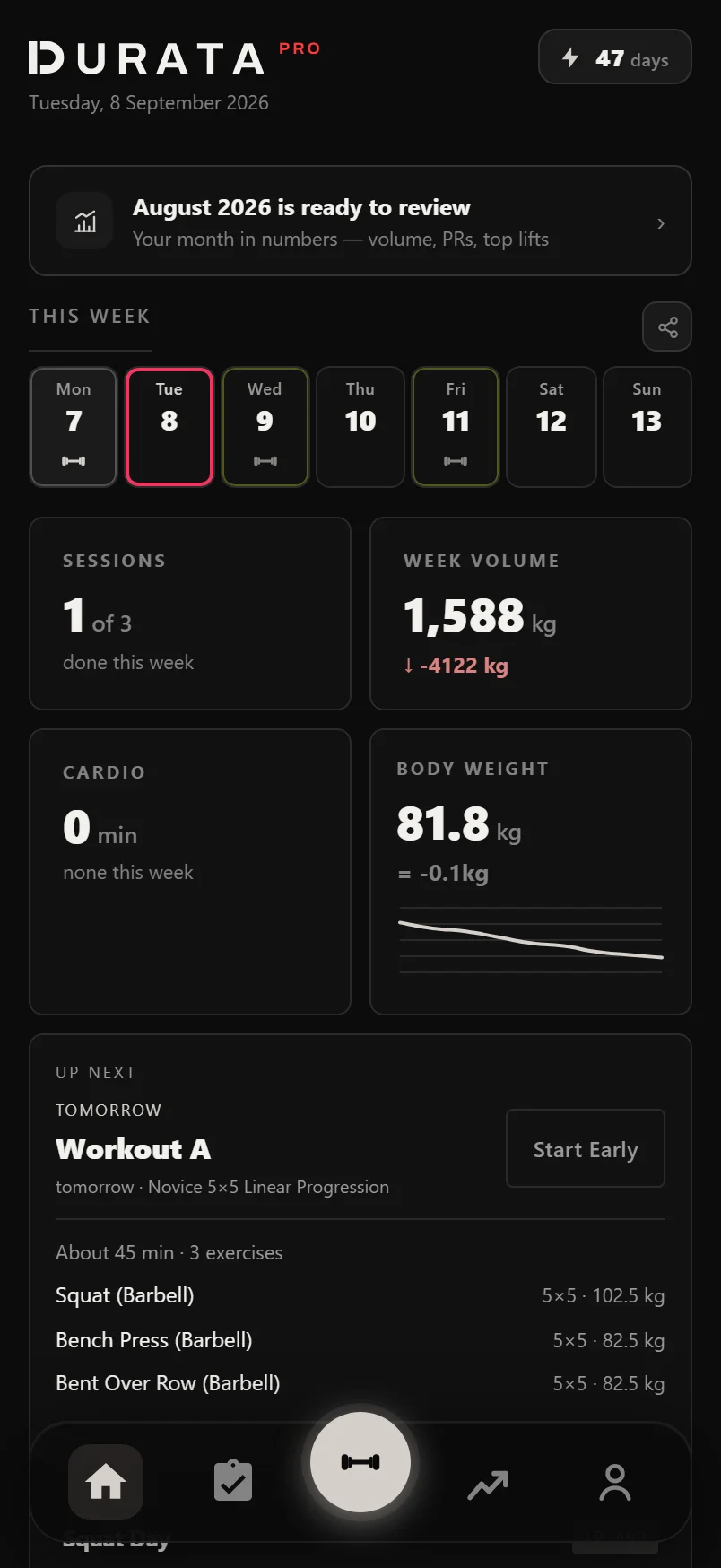 Durata dashboard showing the This Week strip, streak chip and the widget board with Up Next, Last Workout and Recovery widgets