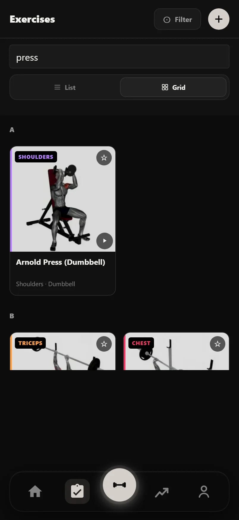 The Durata exercise picker in grid view, filtered to chest, showing a two-column grid of exercise photo cards