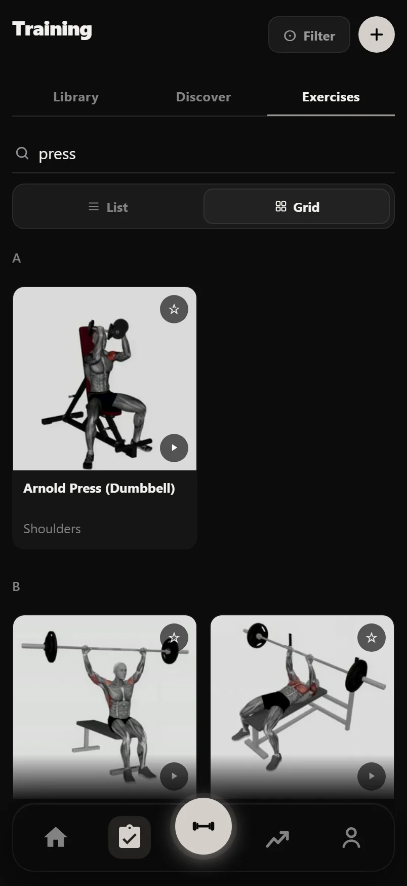 The Exercises tab on Training in grid view, showing a two-column grid of exercise photo cards for a press search