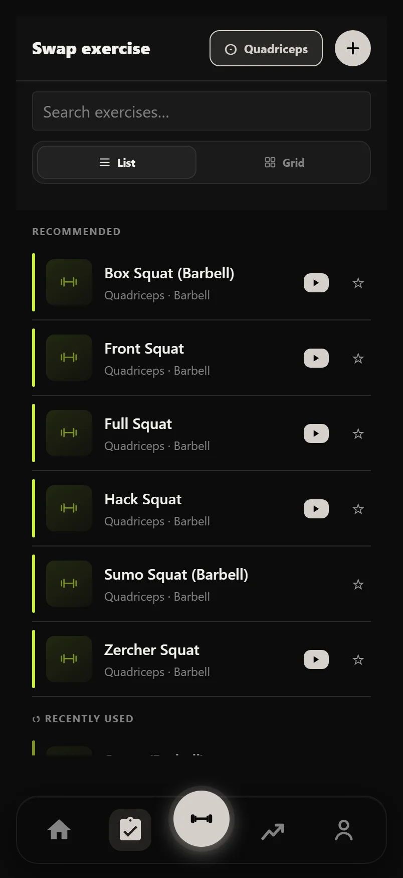 Exercise swap picker recommending front squats, hack squats and other close squat alternatives