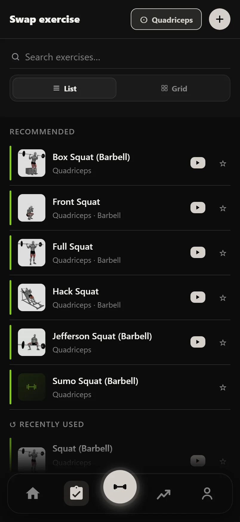 Exercise swap picker recommending front squats, hack squats and other close squat alternatives