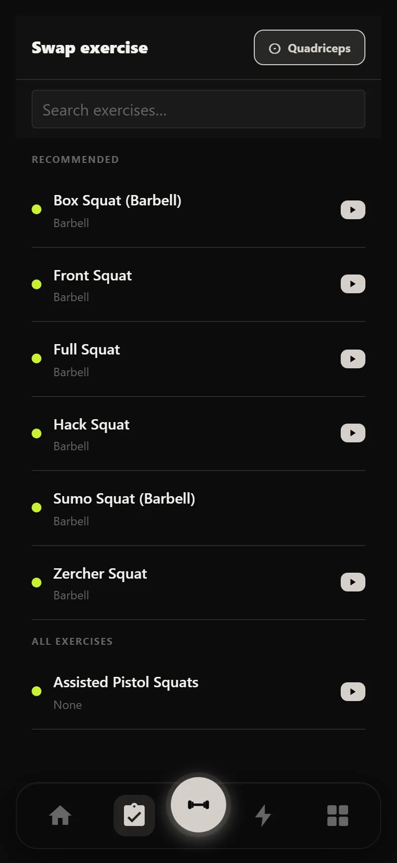 Exercise swap picker recommending front squats, hack squats and other close squat alternatives