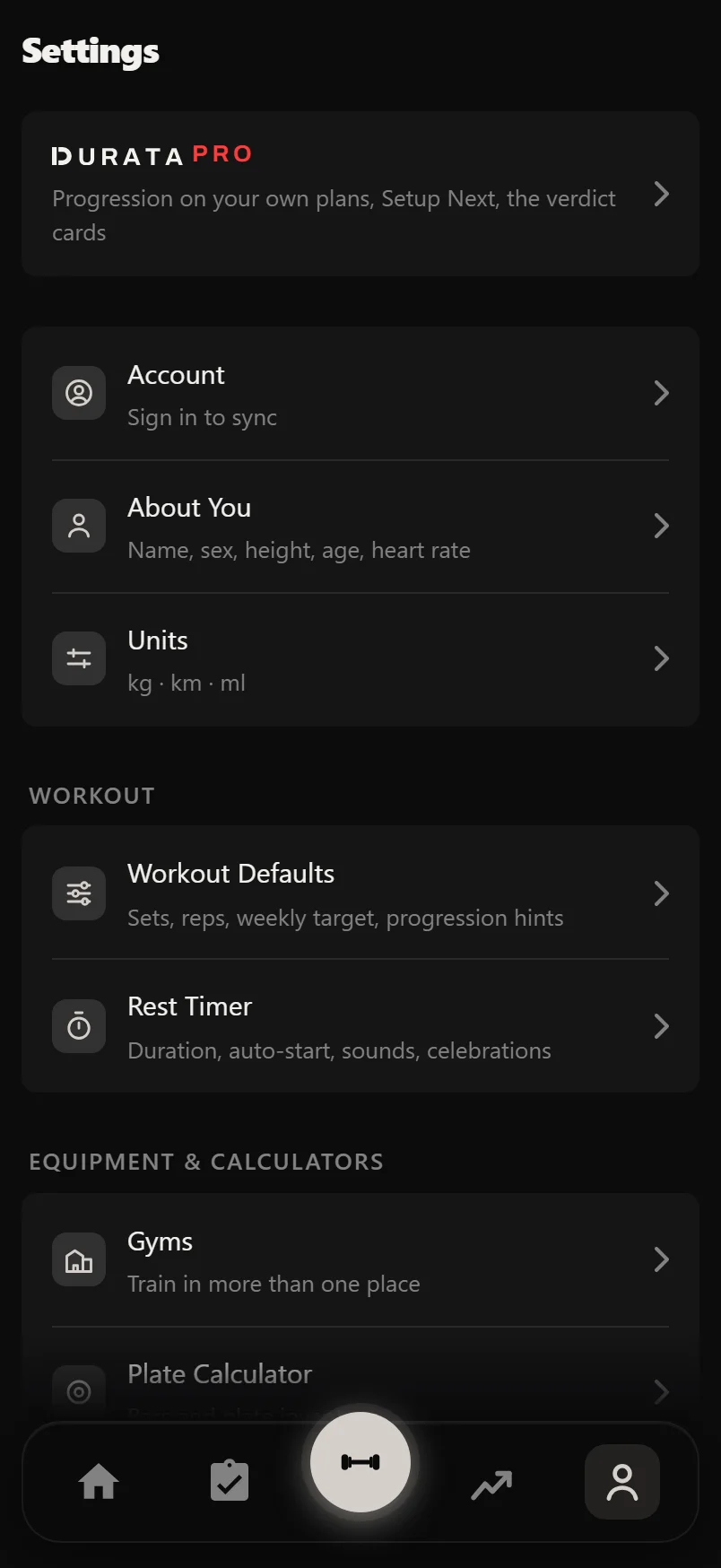 Durata Settings on a free account, with the PRO row at the top