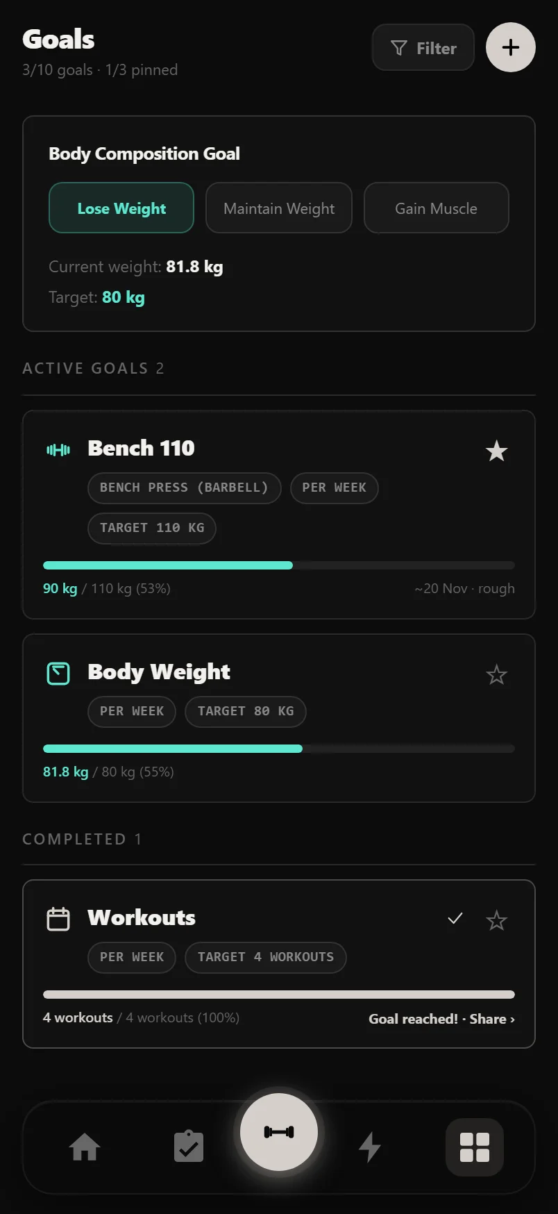 Durata goal card showing a strength goal's progress bar and projected completion date