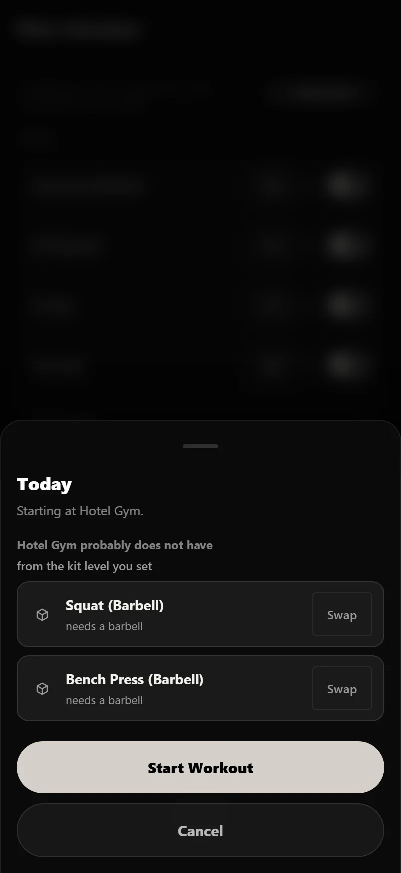 The sheet listing exercises from today's session this gym cannot do, each with a suggested swap