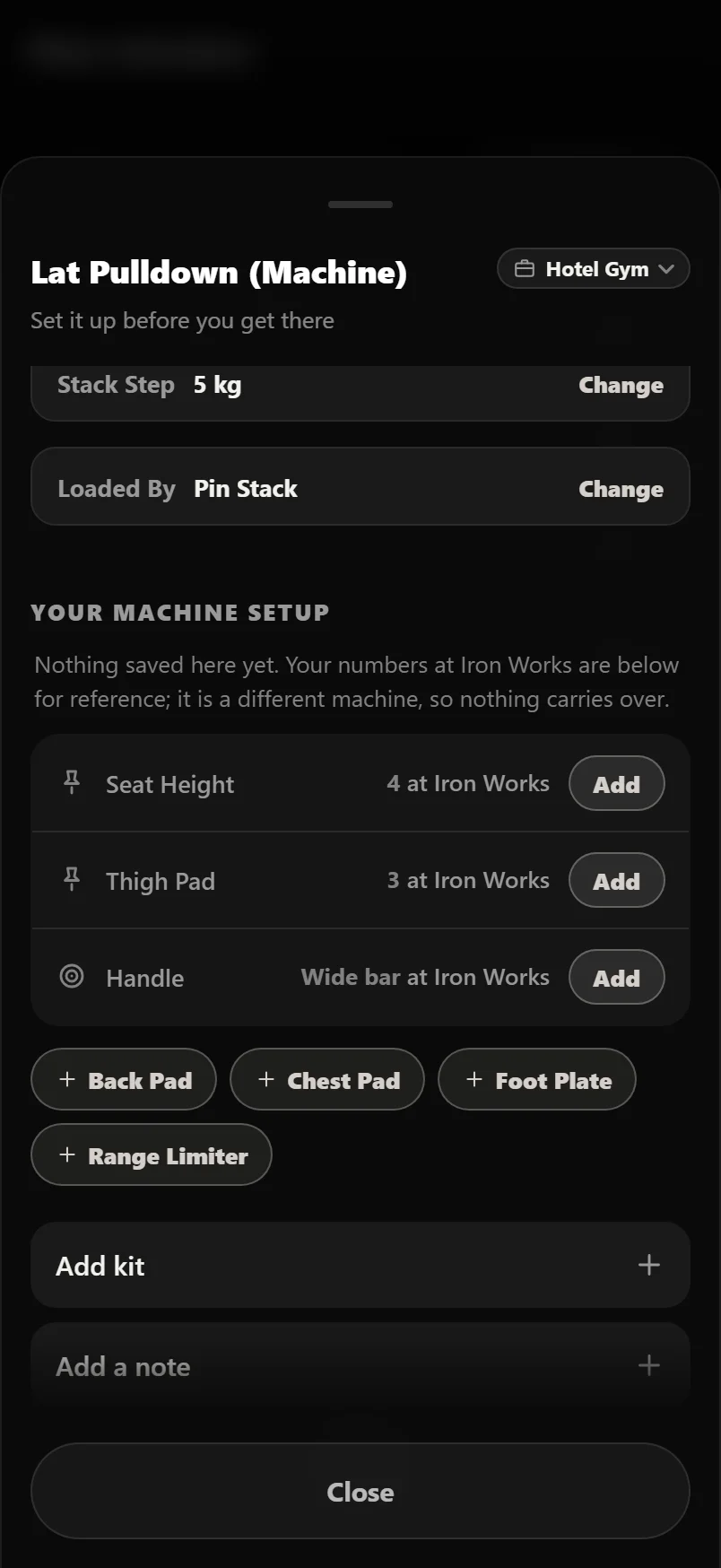 The Setup sheet at a second gym listing the machine positions saved at the main gym, each with an Add button