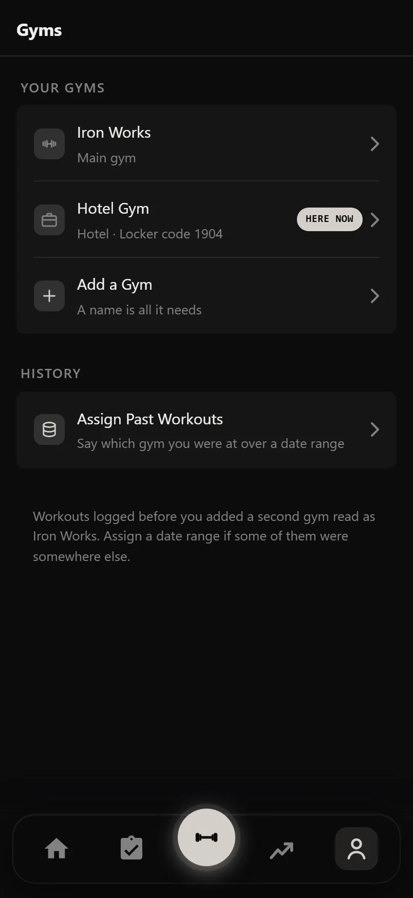 The Gyms screen in Durata Settings listing My Gym and a second gym, one marked Here Now, with Add a Gym under them