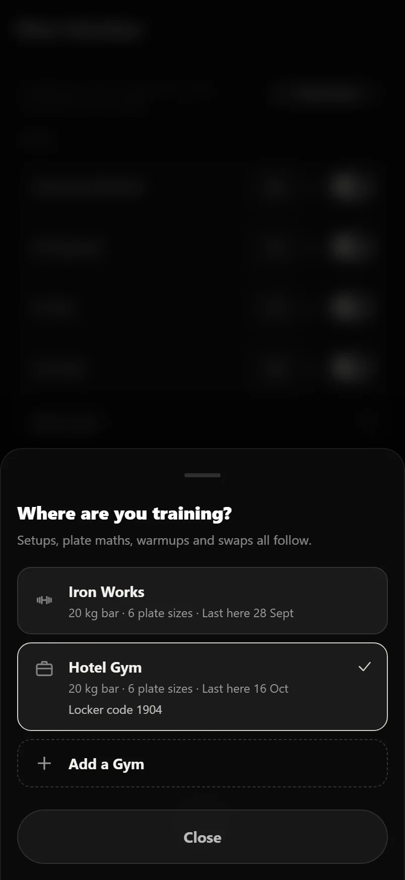The gym switcher open over a session preview, listing My Gym and Hotel Gym with a tick against the one you are at