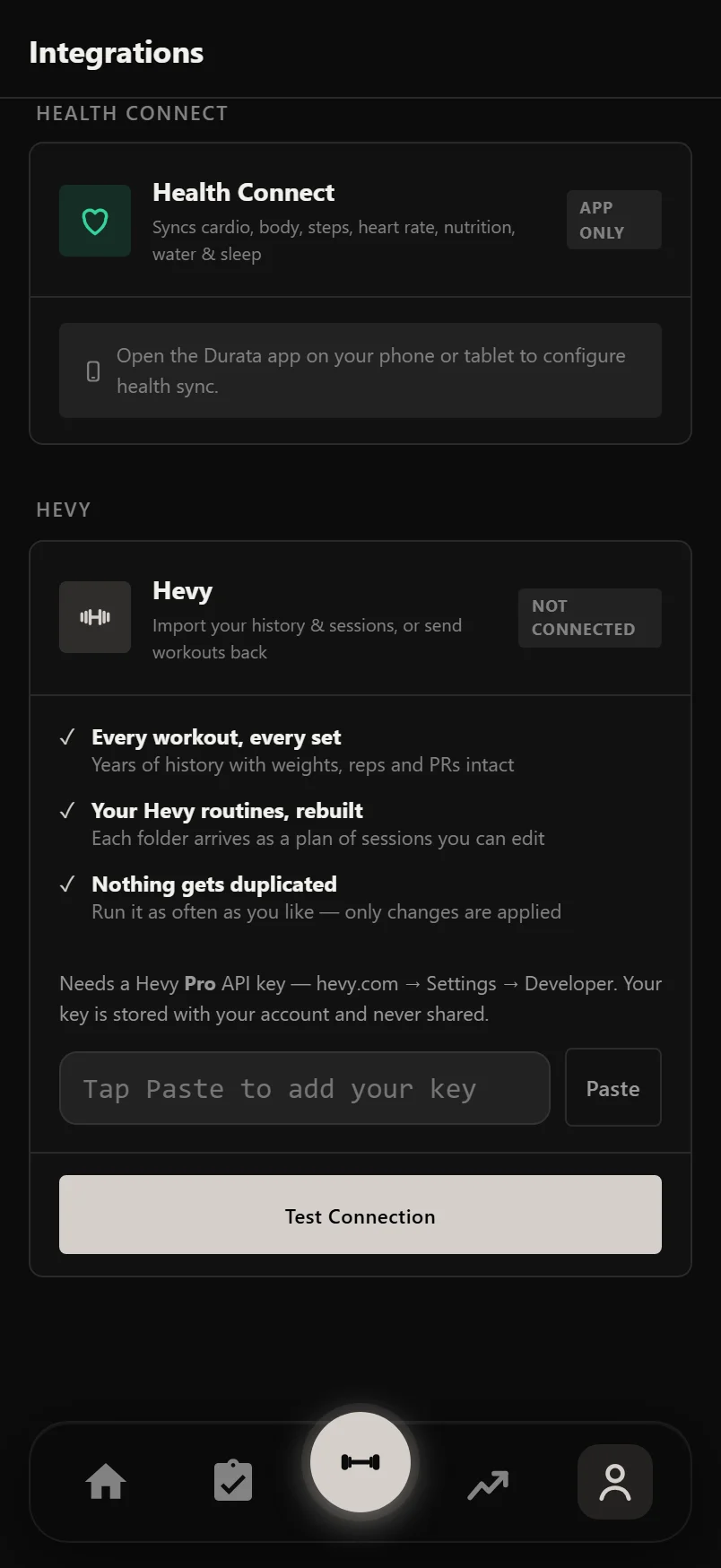 The Hevy card in Durata's Integrations settings with the API key field and Test Connection button