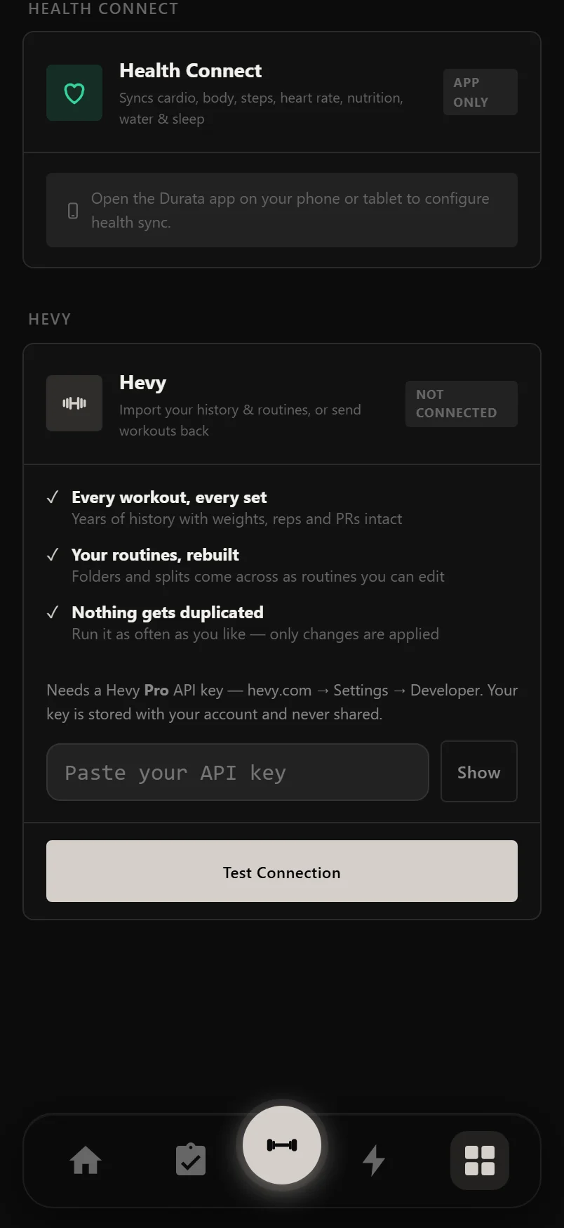 The Hevy card in Durata's Integrations settings with the API key field and Test Connection button