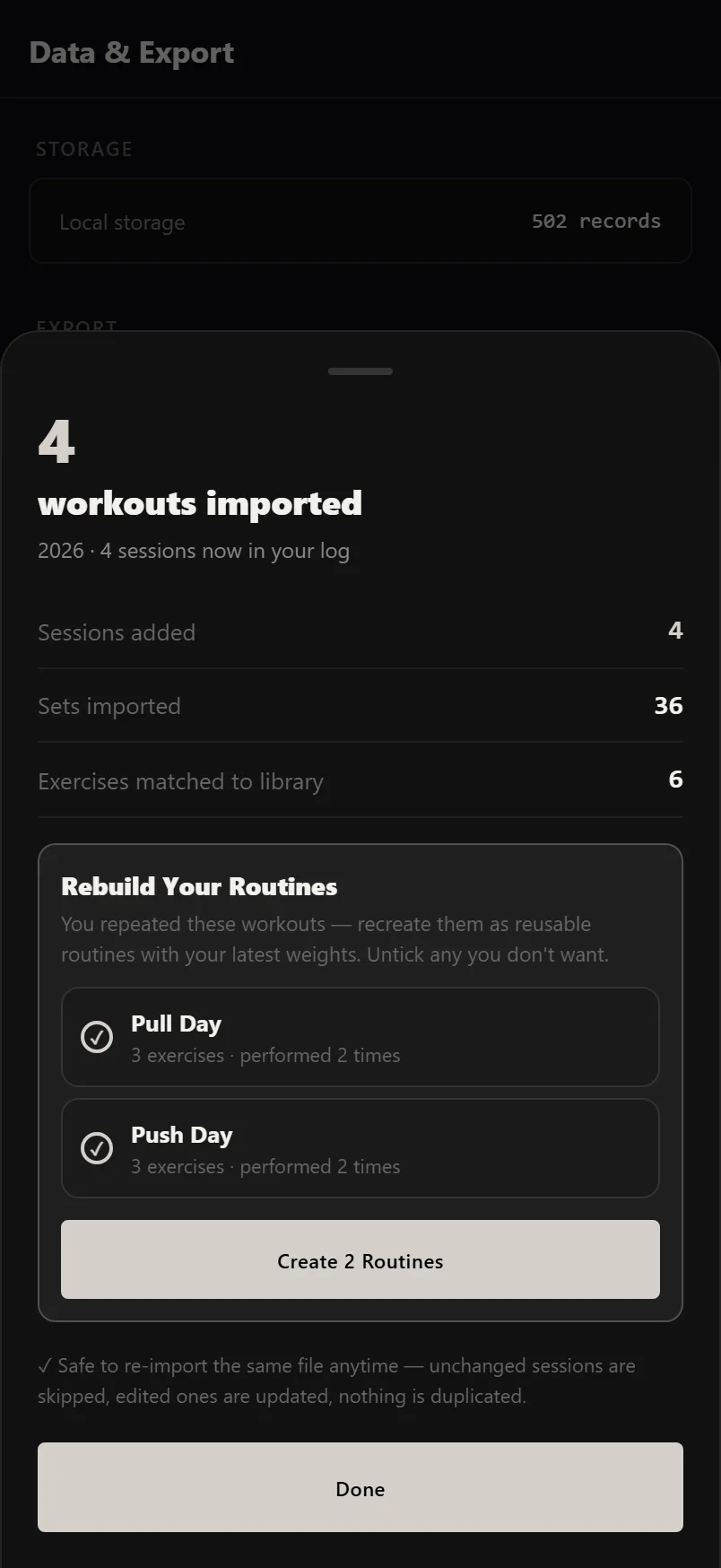 Durata's import summary after a Hevy CSV import: sessions and sets counted, with Import Routines offered as the next step