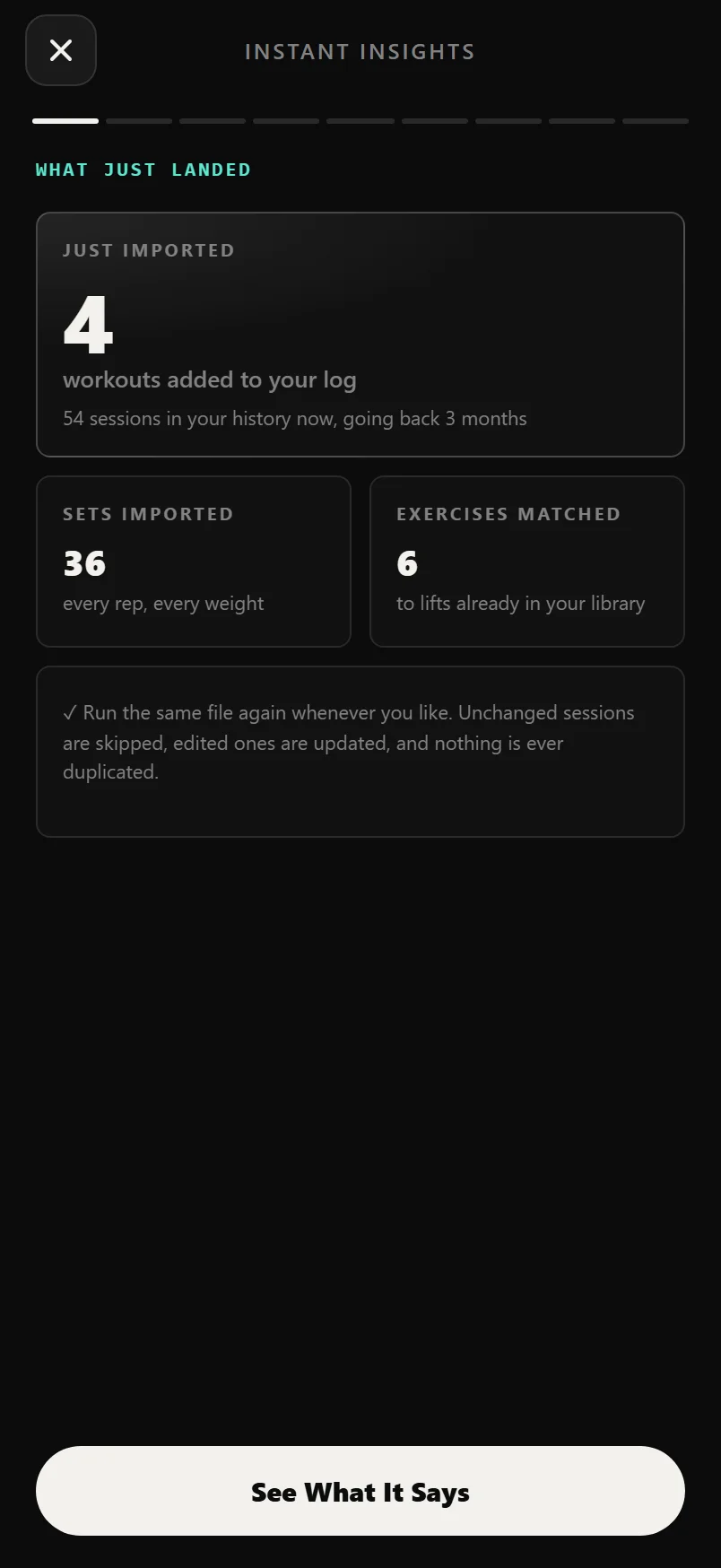 The first screen of Durata's post-import reel: workouts added, sets imported and exercises matched