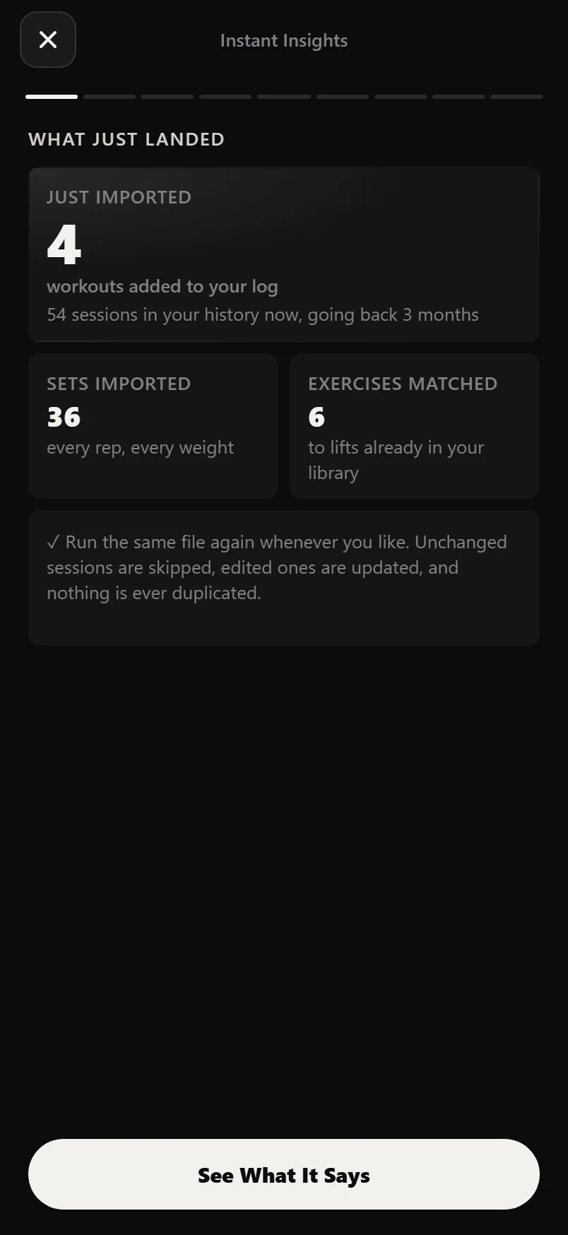 The first screen of Durata's import reel: workouts added, sets imported and exercises matched