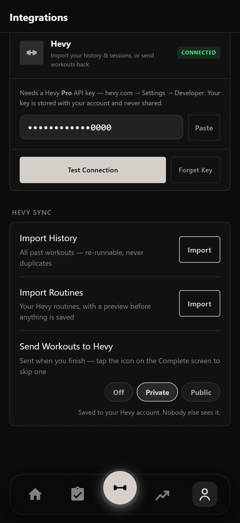 The Hevy Sync section in Durata settings with Import History, Import Routines and the Send Workouts visibility setting