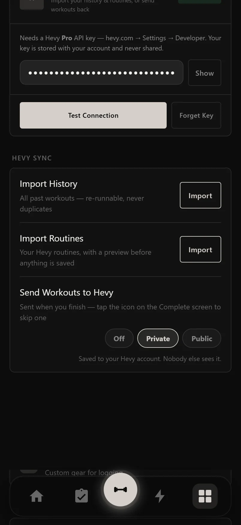 The Hevy Sync section in Durata settings with Import History, Import Routines and the Send Workouts visibility setting