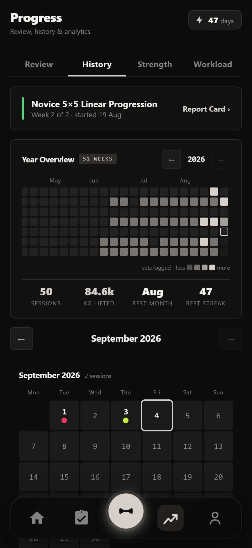 Durata History tab showing a month calendar with training days marked and a full-year heatmap below