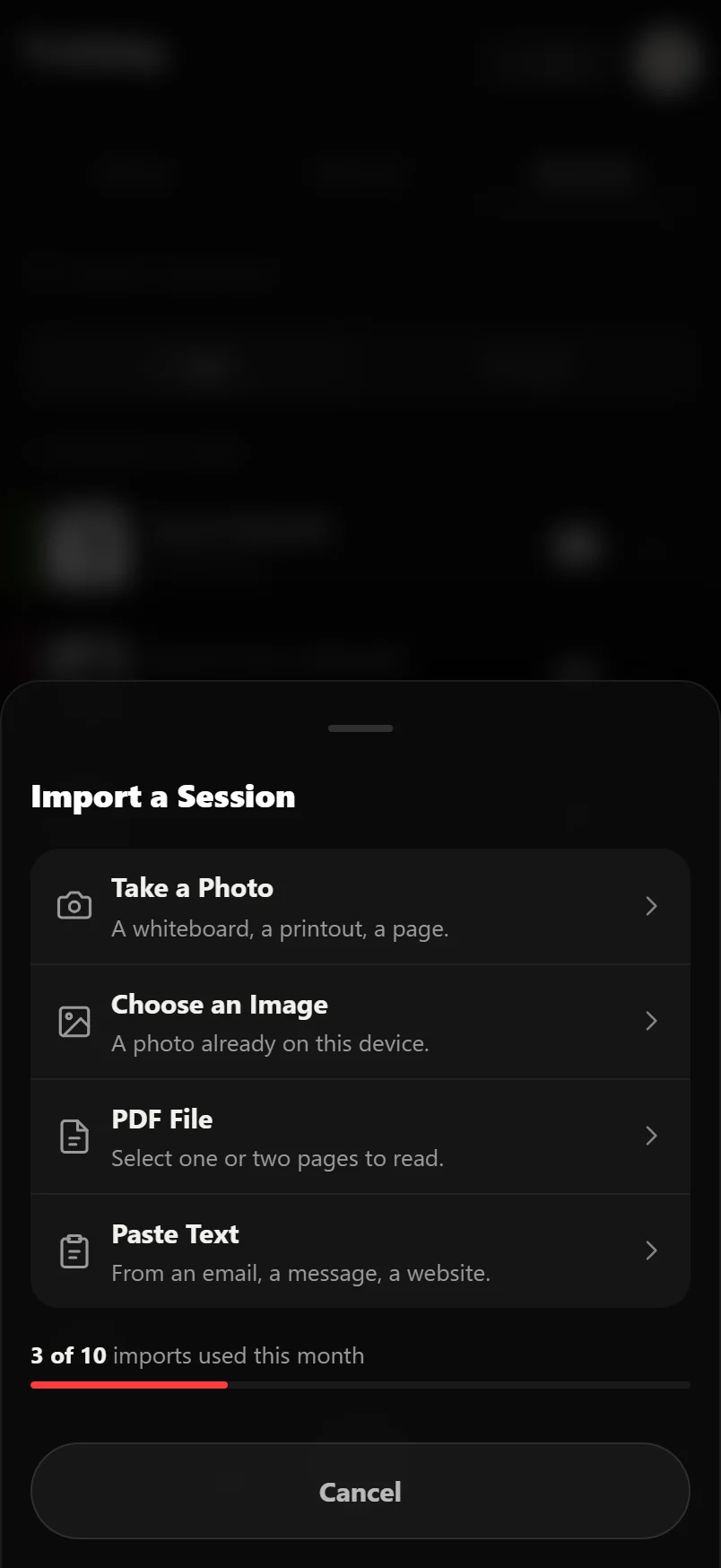 The Import a Session sheet in Durata offering four ways in: Take a Photo, Choose an Image, PDF File and Paste Text, with the imports used this month under them