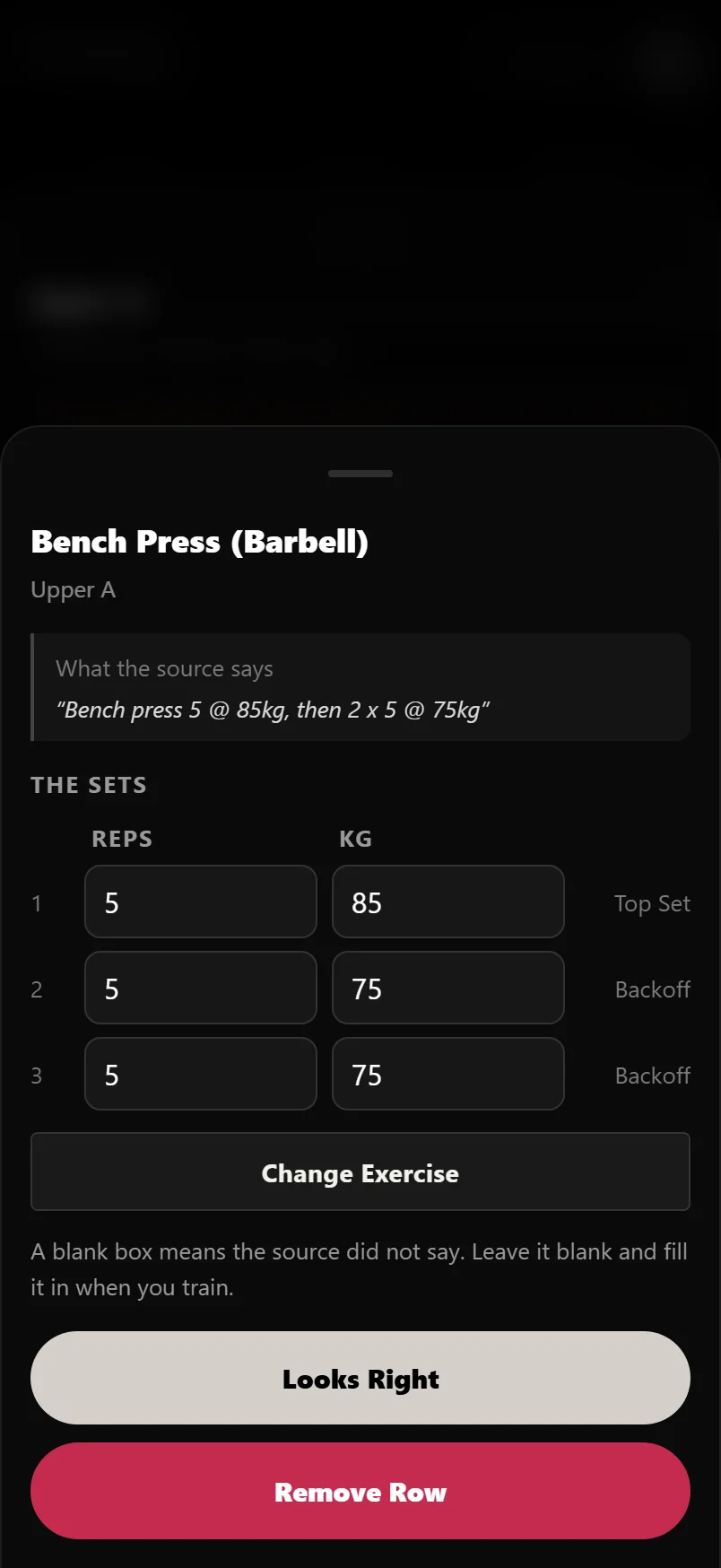 One import row opened, quoting the line from the source above the Reps and weight boxes, with Change Exercise under them