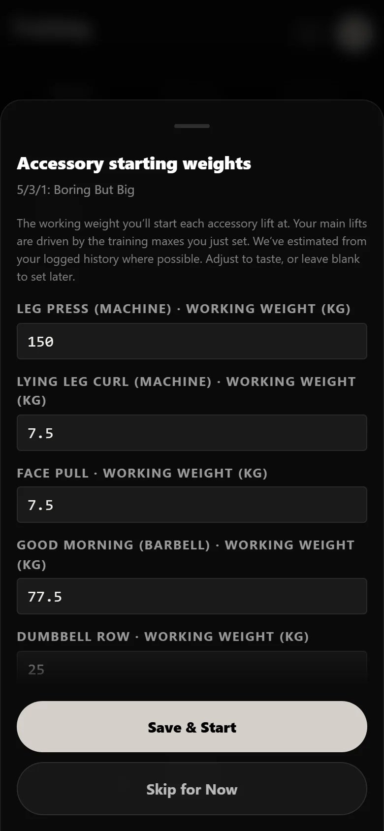 Setting assistance working weights when starting 5/3/1: Boring But Big in Durata