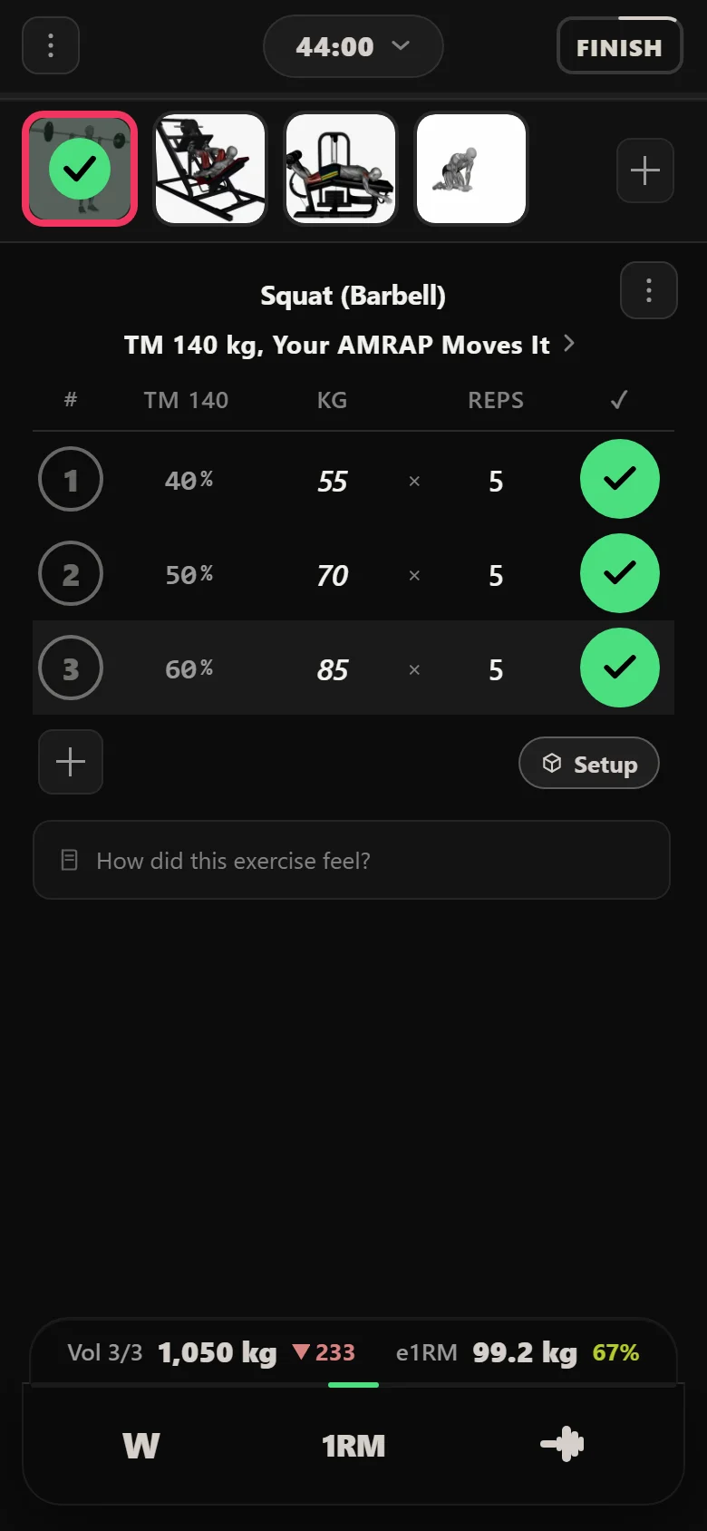 A 5/3/1 deload week squat session in Durata at 85 kg