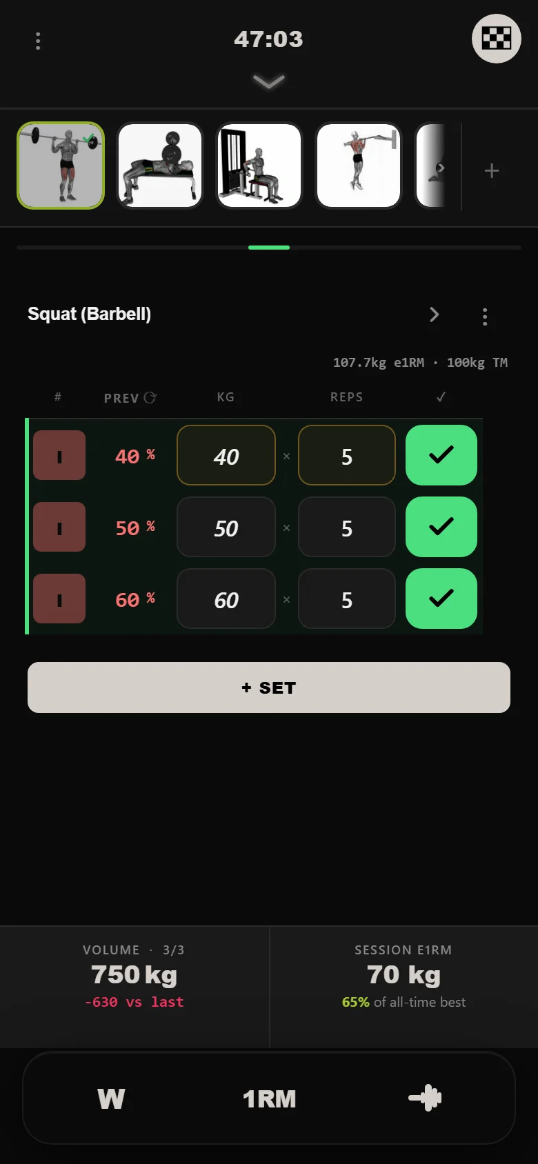 Durata logger on Squat during the 5/3/1 deload week
