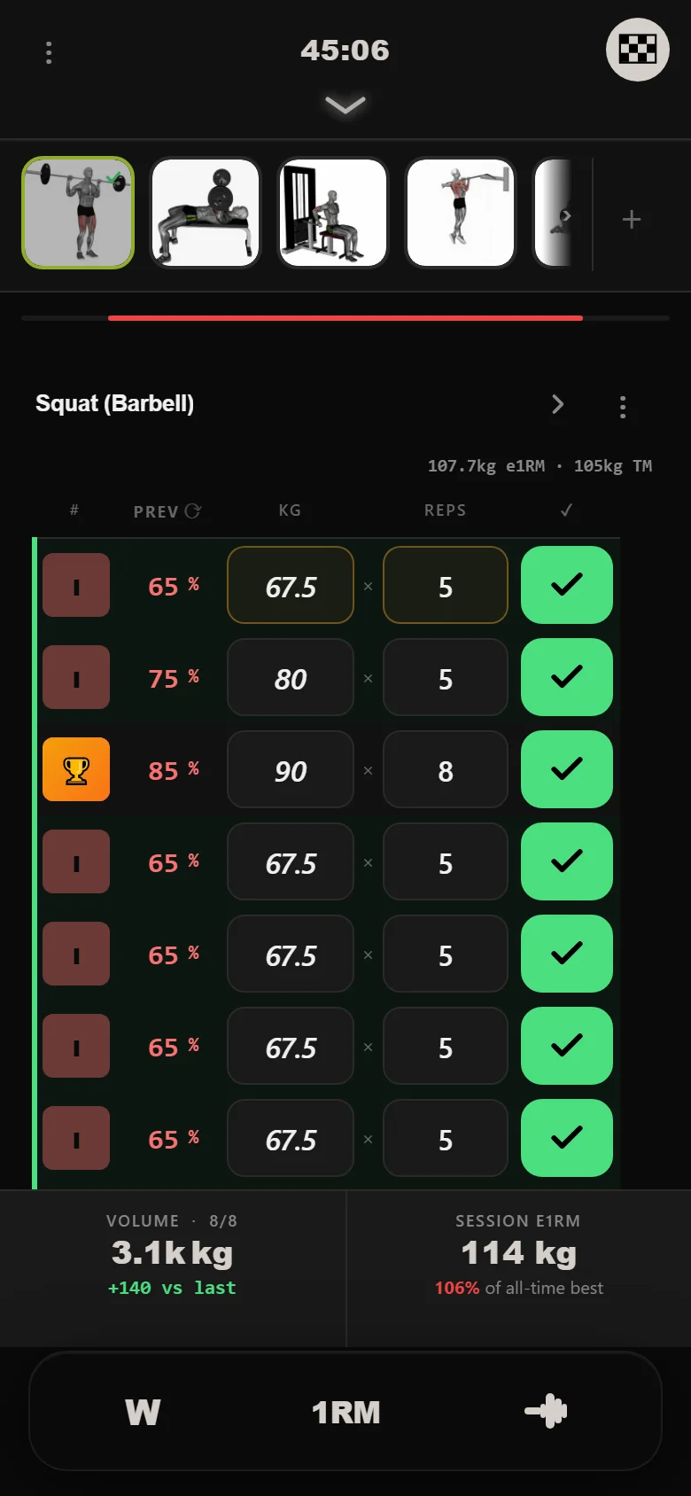 Durata logger — cycle 2 week 1 squat, top set 90 kg, a fresh PR
