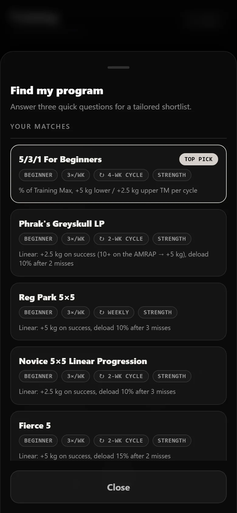 Durata finder results with 5/3/1 For Beginners as the top pick