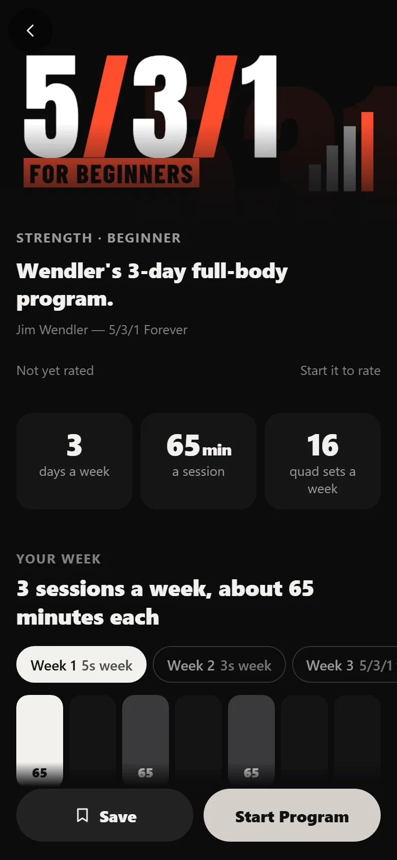 The 5/3/1 For Beginners program page in Durata showing the schedule and progression rule