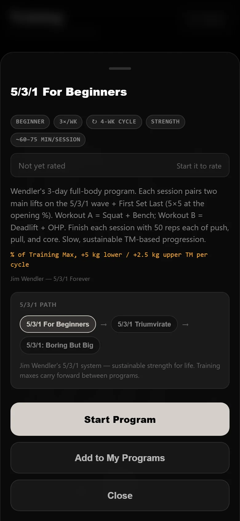 The 5/3/1 For Beginners program page in Durata