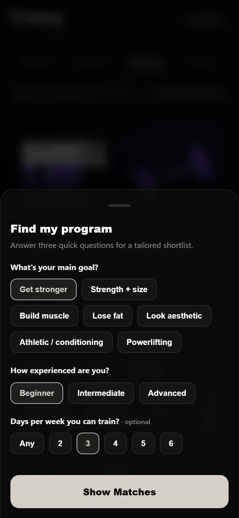 Durata find-my-program quiz with get stronger, beginner and 3 days selected