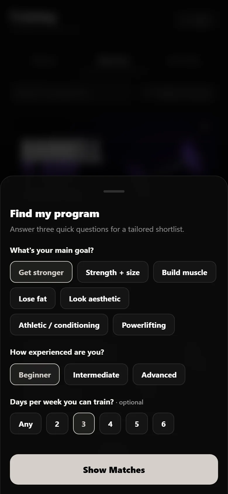 Durata find-my-program quiz with goal, experience and days per week answered
