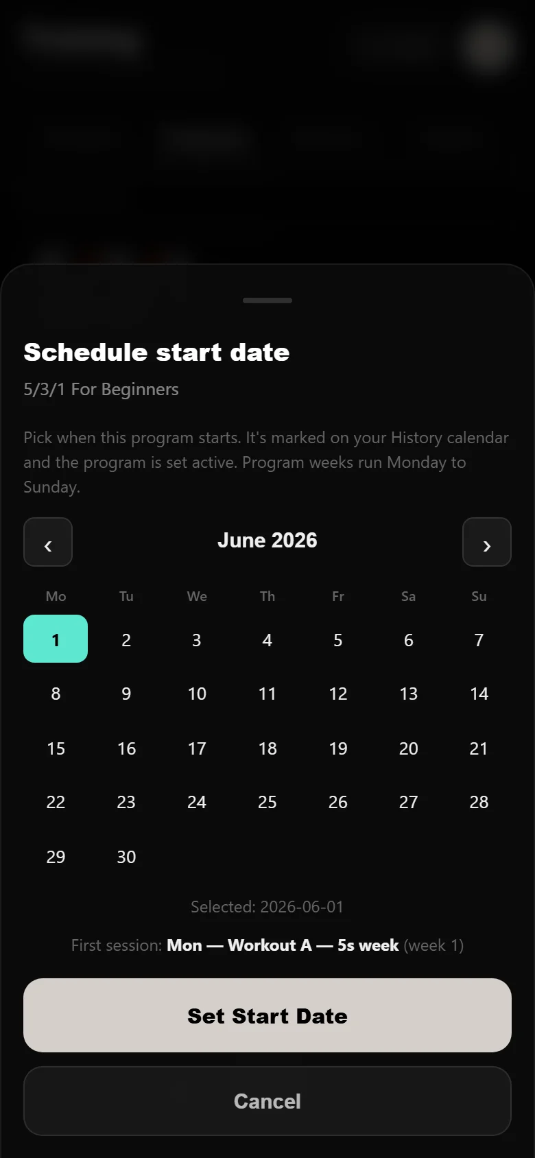 Scheduling the program start date on the Durata calendar