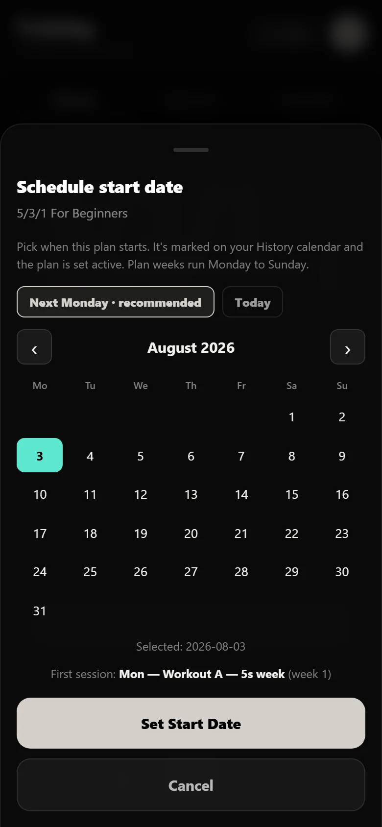 Scheduling the program start date on the Durata calendar