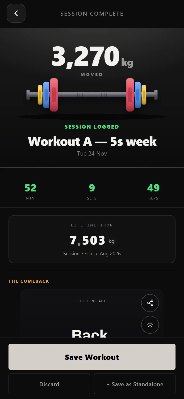Durata session-complete screen showing duration, 9 sets, 49 reps and 3270 kg of volume
