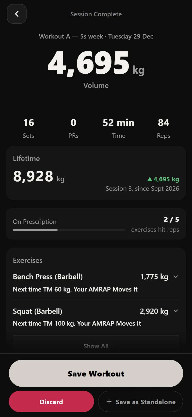 Durata session-complete screen showing duration, 16 sets, 84 reps and 4,695 kg of volume