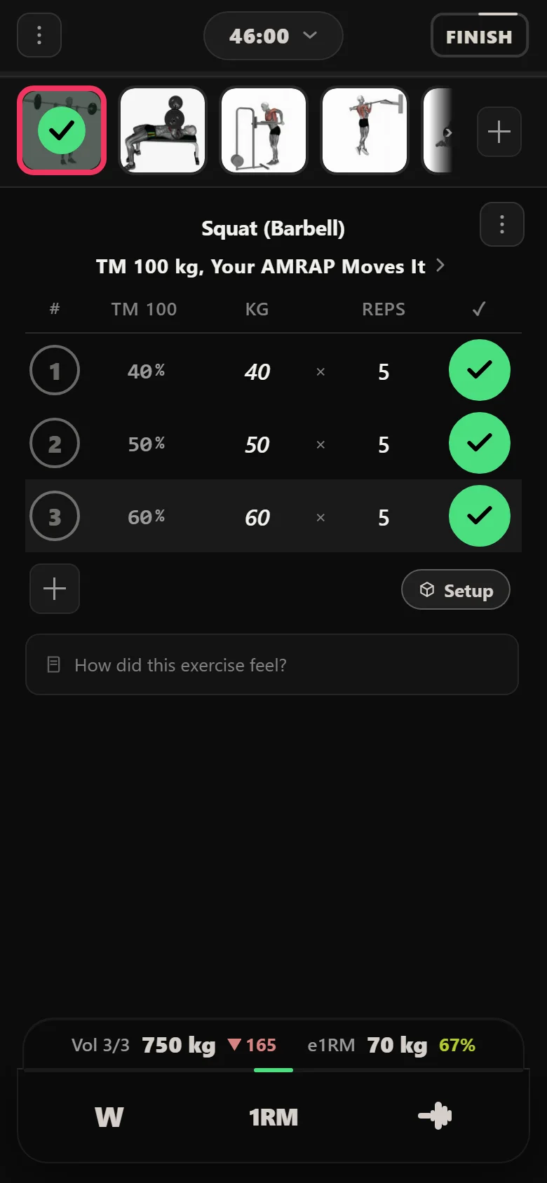 Durata logger on Squat during the 5/3/1 deload week showing 40 kg, 50 kg and 60 kg for 5 reps each