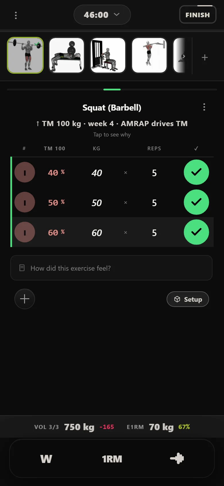 Durata logger on Squat during the 5/3/1 deload week showing 40 kg, 50 kg and 60 kg for 5 reps each