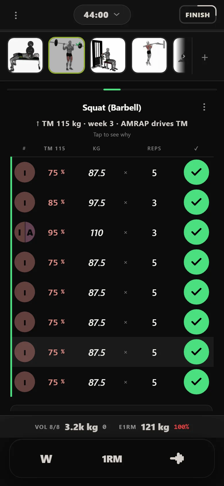 Durata logger: cycle 4 week 3 squat, top set 110 kg for 3 reps