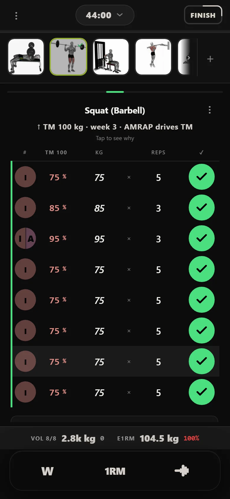 Durata logger on Squat in week 3 of cycle 1 with a 95 kg top set
