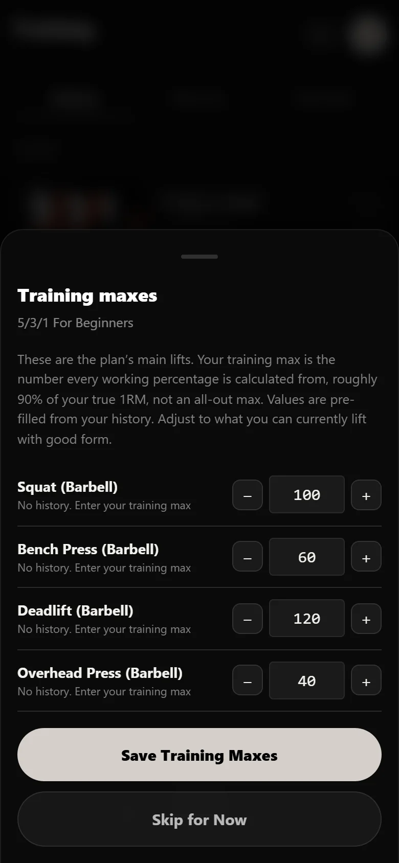 The training-max sheet in Durata with squat 100 kg, bench 60 kg, deadlift 120 kg and overhead press 40 kg entered