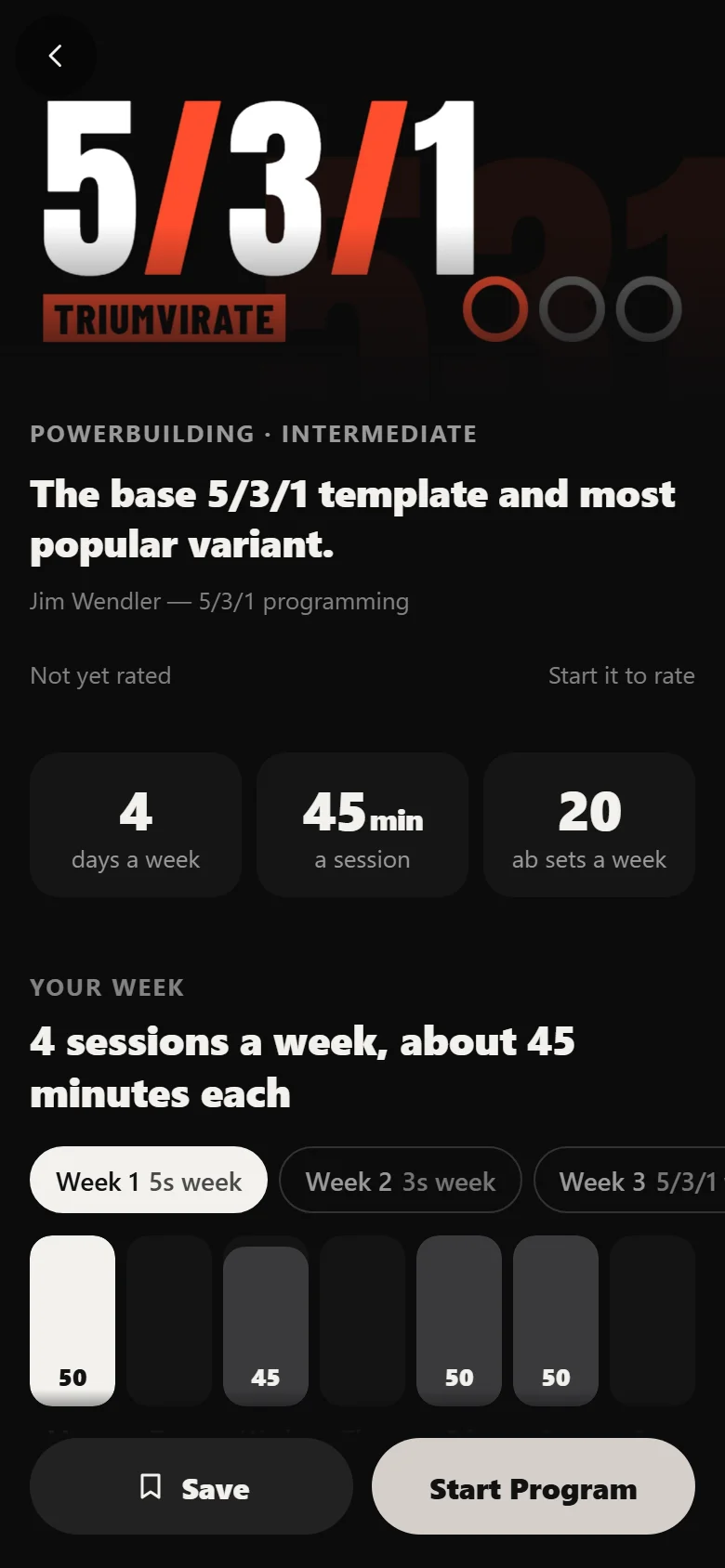 5/3/1 Triumvirate program detail screen in Durata