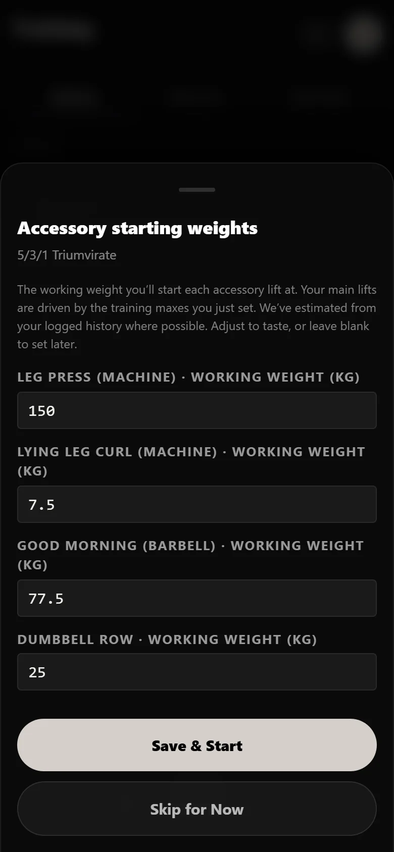 Setting assistance working weights when starting 5/3/1 Triumvirate in Durata