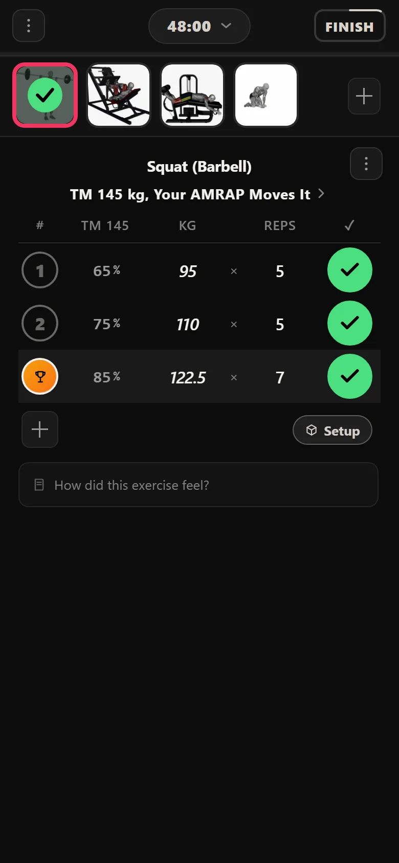 Cycle two of 5/3/1 Triumvirate in Durata, opening at 122.5 kg off a 145 kg training max