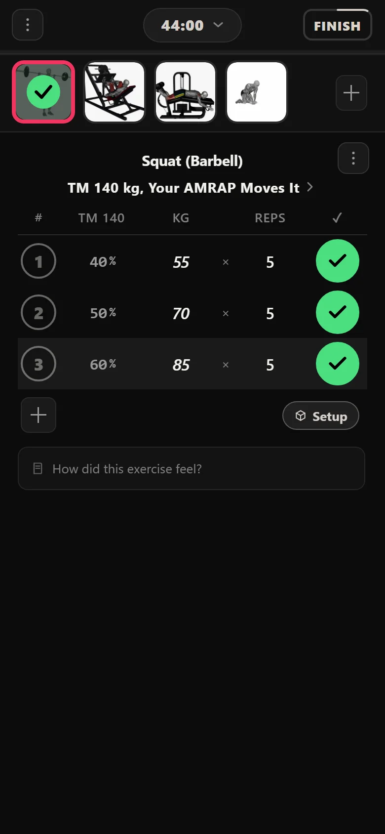 A 5/3/1 deload week squat session in Durata