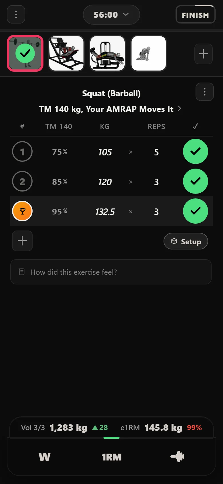 Squat (Barbell) at 132.5 kg in Durata, the heavy week of a 5/3/1 cycle